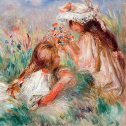 Dziewczynki na łące zbierające bukiet kwiatów Renoira, Reprodukcja, Obraz na płótnie, Plakat